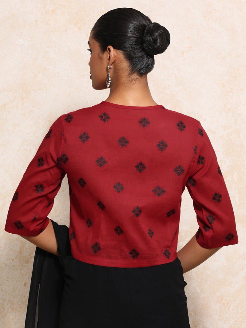 Khushi x Rozaana | Elbow Sleeves Saree Blouse in Red Jacquard Cotton-Binks