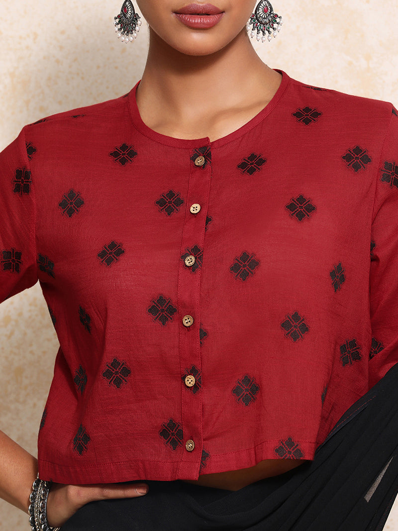 Khushi x Rozaana | Elbow Sleeves Saree Blouse in Red Jacquard Cotton-Binks