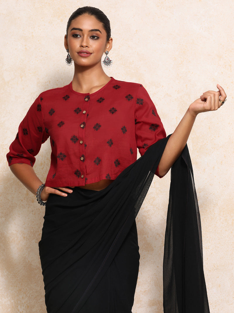 Khushi x Rozaana | Elbow Sleeves Saree Blouse in Red Jacquard Cotton-Binks