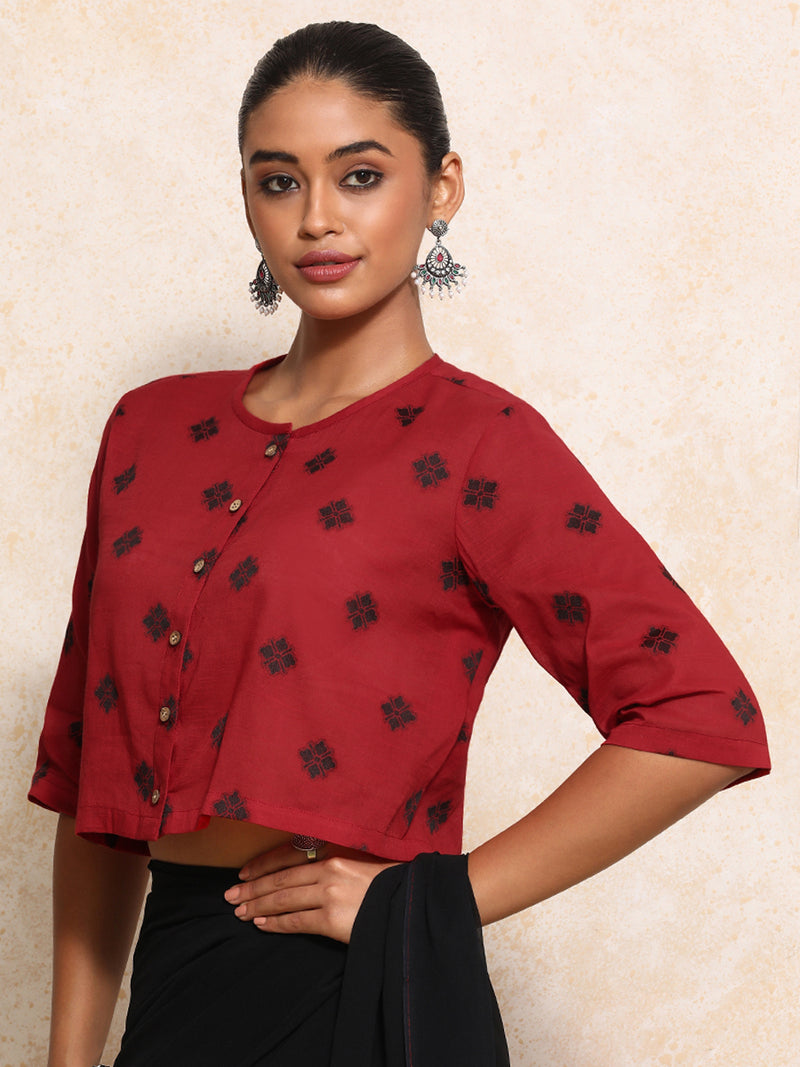 Khushi x Rozaana | Elbow Sleeves Saree Blouse in Red Jacquard Cotton-Binks