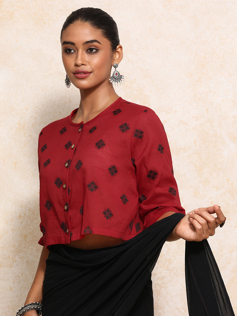 Khushi x Rozaana | Elbow Sleeves Saree Blouse in Red Jacquard Cotton-Binks