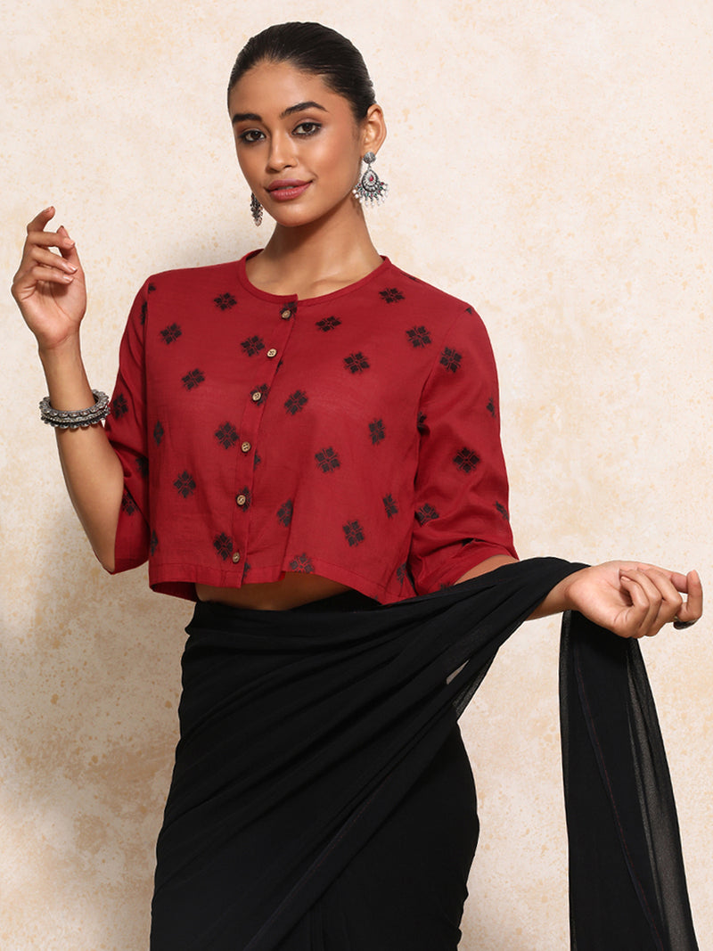 Khushi x Rozaana | Elbow Sleeves Saree Blouse in Red Jacquard Cotton-Binks