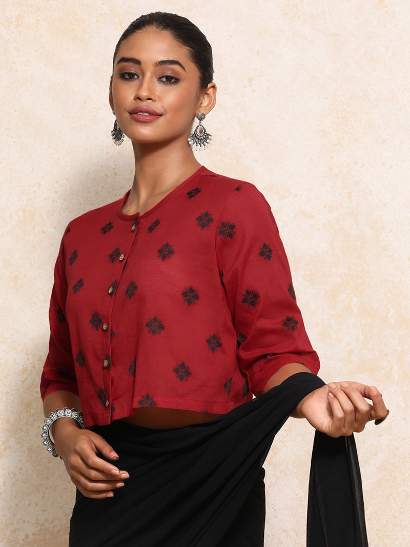 Khushi x Rozaana | Elbow Sleeves Saree Blouse in Red Jacquard Cotton-Binks