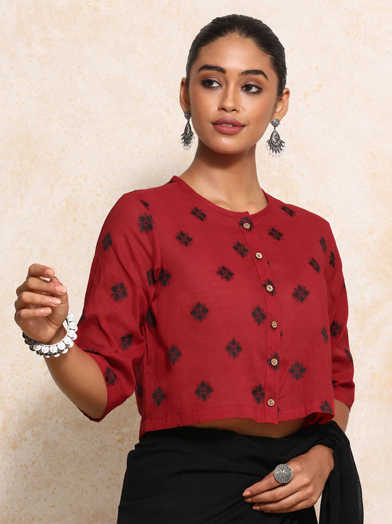 Khushi x Rozaana | Elbow Sleeves Saree Blouse in Red Jacquard Cotton-Binks