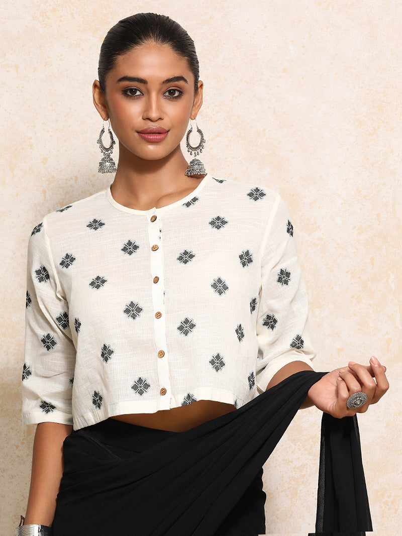Khushi x Rozaana | Elbow Sleeves Saree Blouse in White Jacquard Cotton-Binks