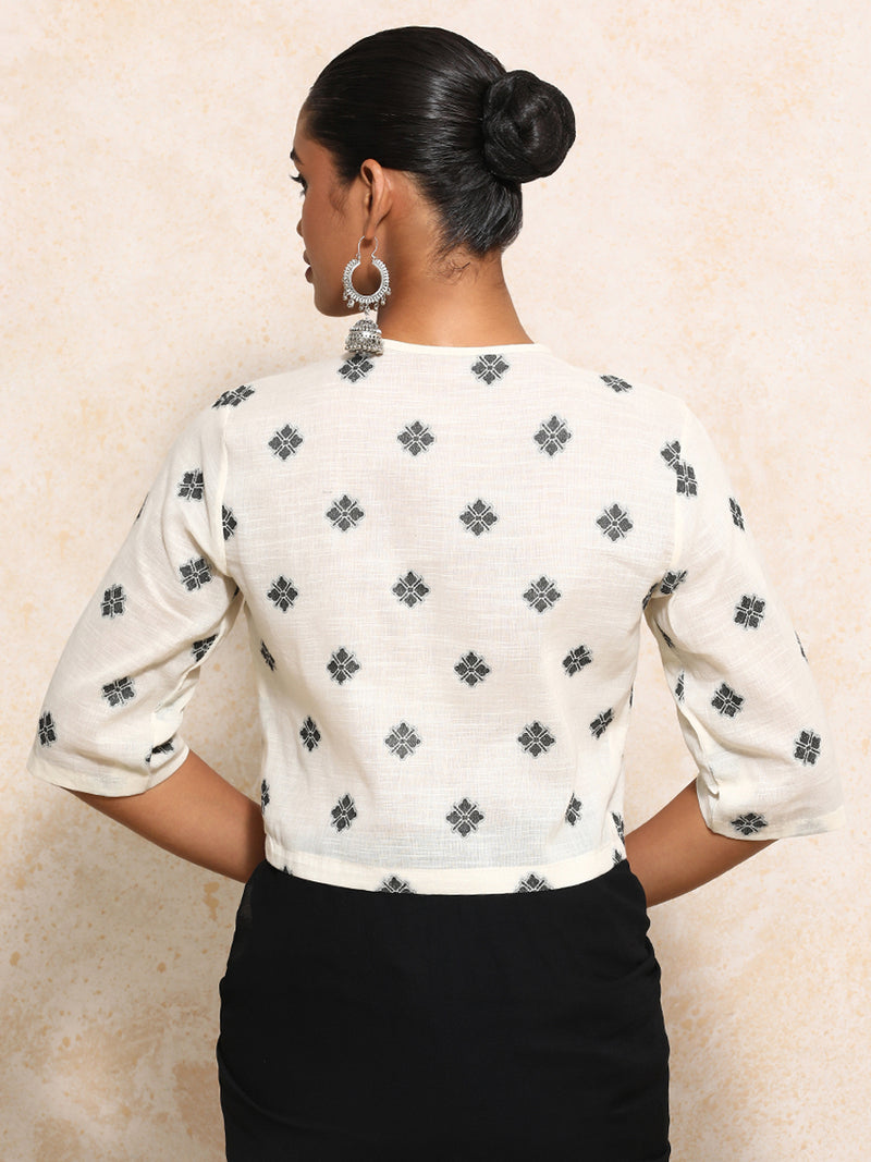 Khushi x Rozaana | Elbow Sleeves Saree Blouse in White Jacquard Cotton-Binks