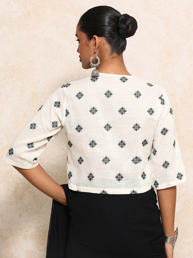 Khushi x Rozaana | Elbow Sleeves Saree Blouse in White Jacquard Cotton-Binks