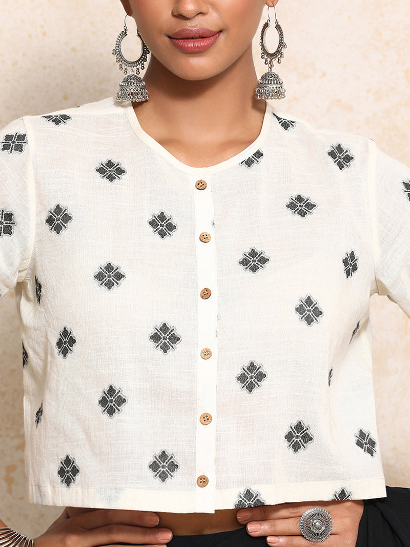 Khushi x Rozaana | Elbow Sleeves Saree Blouse in White Jacquard Cotton-Binks