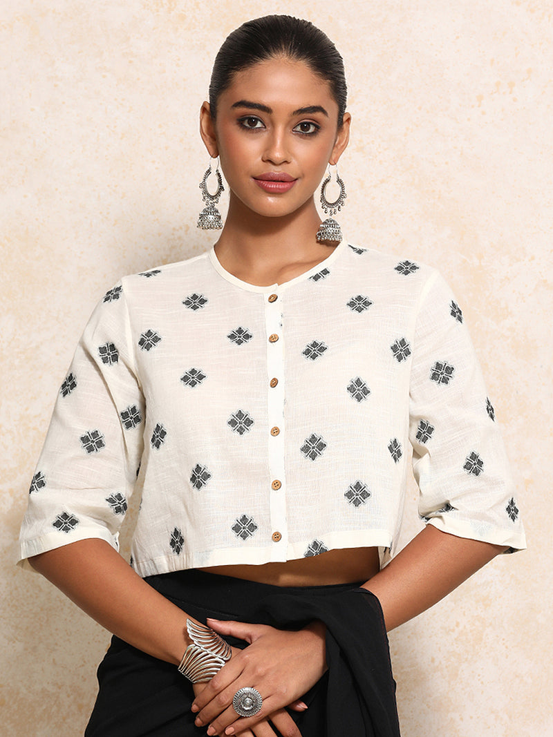 Khushi x Rozaana | Elbow Sleeves Saree Blouse in White Jacquard Cotton-Binks