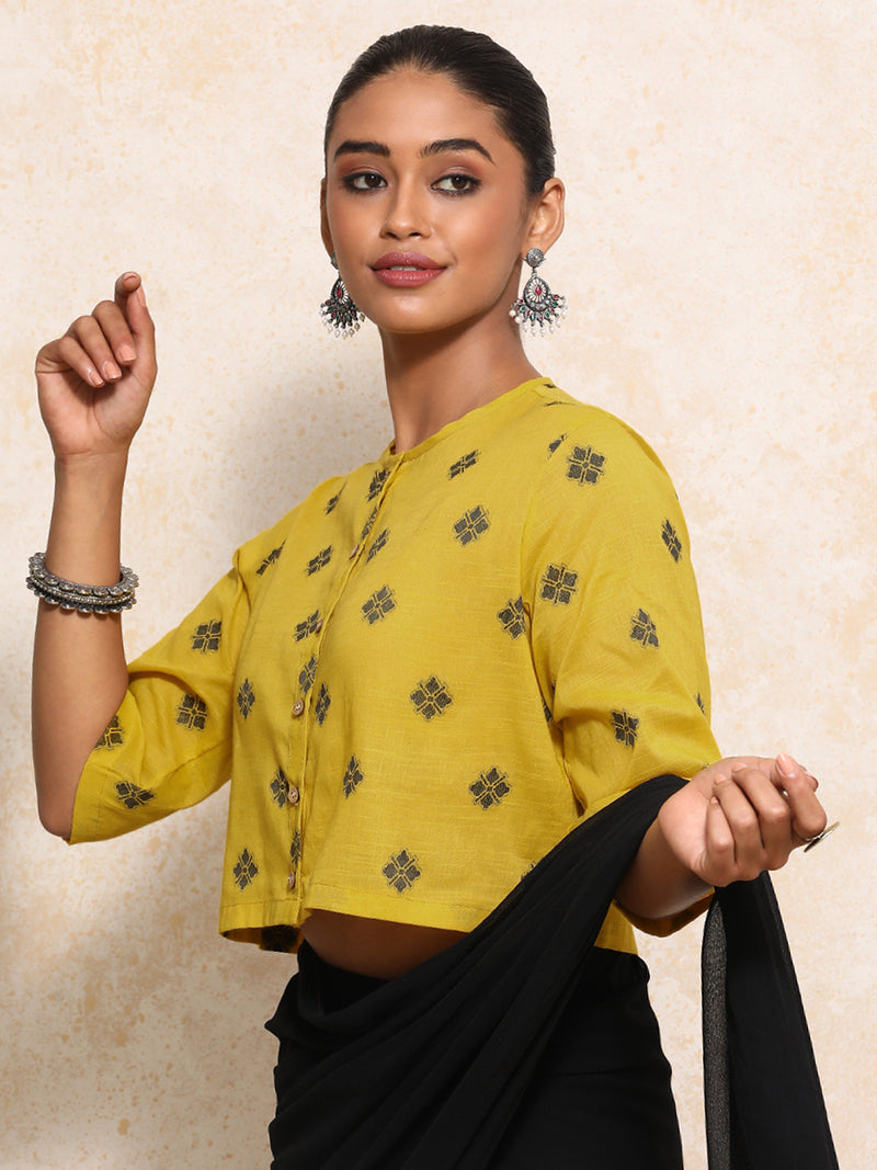 Khushi x Rozaana | Elbow Sleeves Saree Blouse in Yellow Jacquard Cotton-Binks