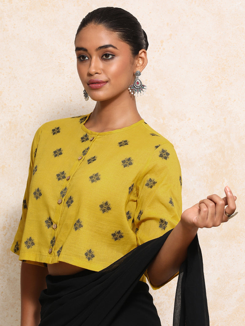 Khushi x Rozaana | Elbow Sleeves Saree Blouse in Yellow Jacquard Cotton-Binks