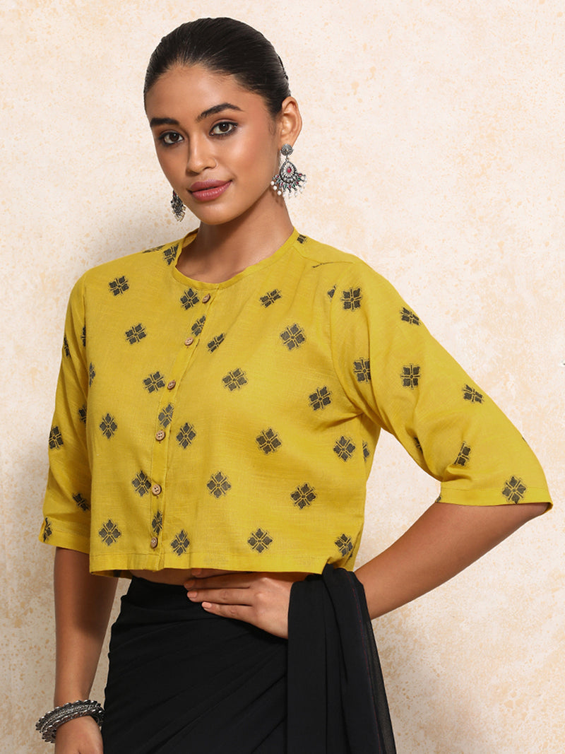 Khushi x Rozaana | Elbow Sleeves Saree Blouse in Yellow Jacquard Cotton-Binks
