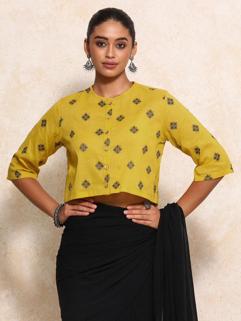 Khushi x Rozaana | Elbow Sleeves Saree Blouse in Yellow Jacquard Cotton-Binks
