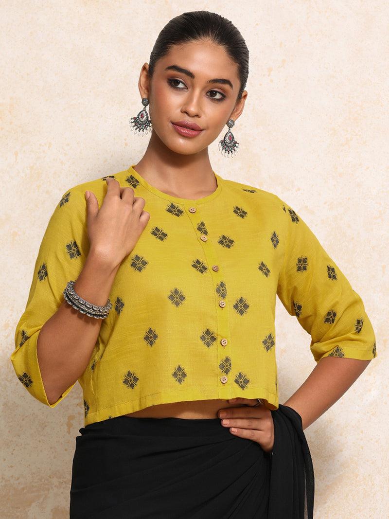 Khushi x Rozaana | Elbow Sleeves Saree Blouse in Yellow Jacquard Cotton-Binks