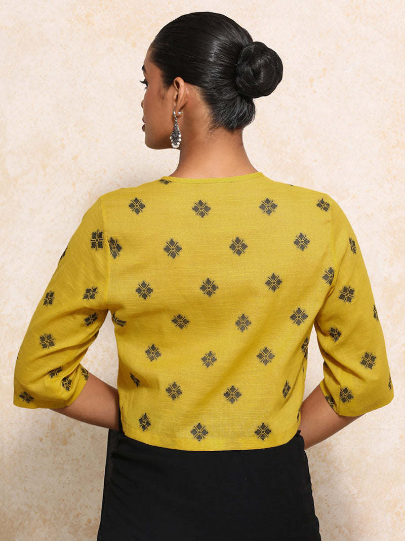 Khushi x Rozaana | Elbow Sleeves Saree Blouse in Yellow Jacquard Cotton-Binks