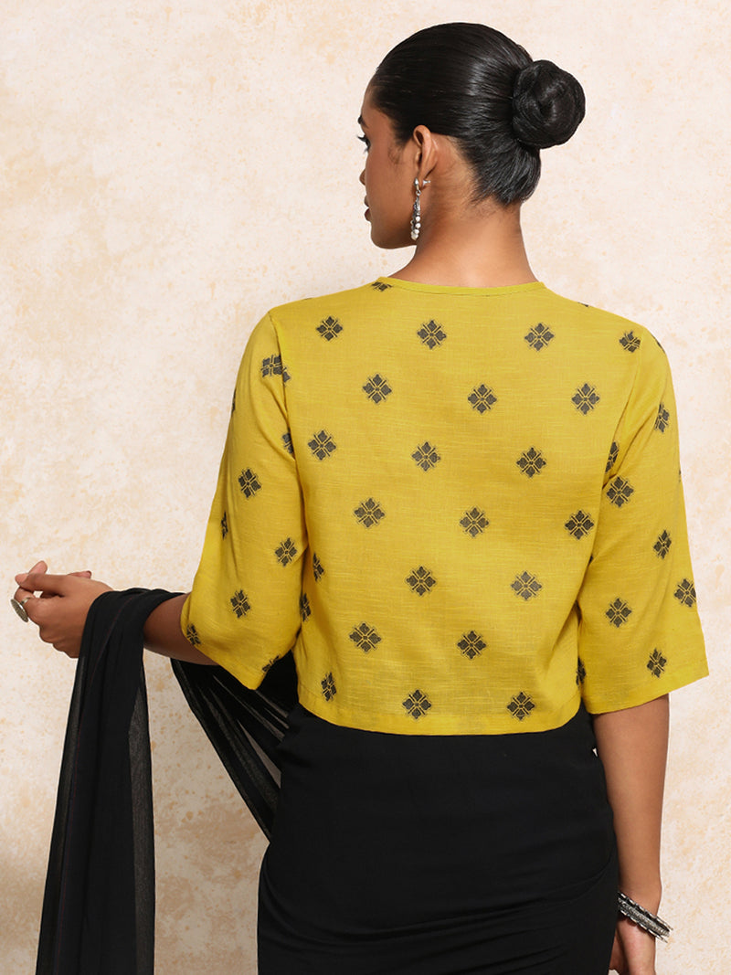 Khushi x Rozaana | Elbow Sleeves Saree Blouse in Yellow Jacquard Cotton-Binks