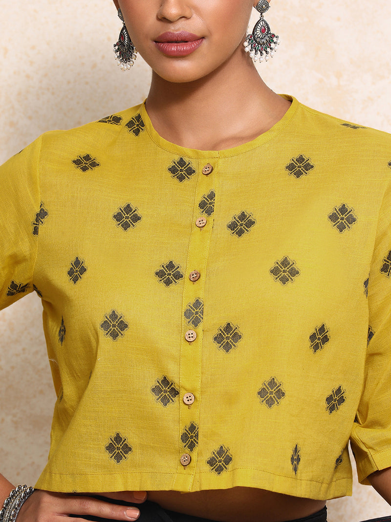 Khushi x Rozaana | Elbow Sleeves Saree Blouse in Yellow Jacquard Cotton-Binks