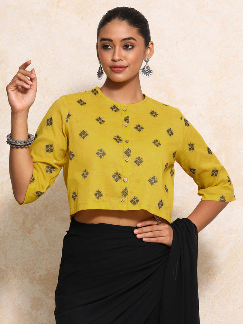 Khushi x Rozaana | Elbow Sleeves Saree Blouse in Yellow Jacquard Cotton-Binks