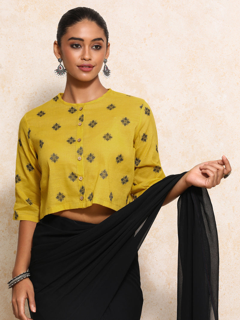 Khushi x Rozaana | Elbow Sleeves Saree Blouse in Yellow Jacquard Cotton-Binks
