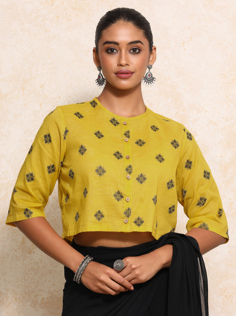 Khushi x Rozaana | Elbow Sleeves Saree Blouse in Yellow Jacquard Cotton-Binks