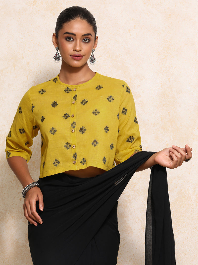 Khushi x Rozaana | Elbow Sleeves Saree Blouse in Yellow Jacquard Cotton-Binks