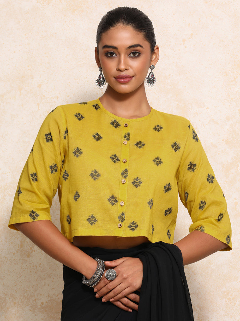 Khushi x Rozaana | Elbow Sleeves Saree Blouse in Yellow Jacquard Cotton-Binks