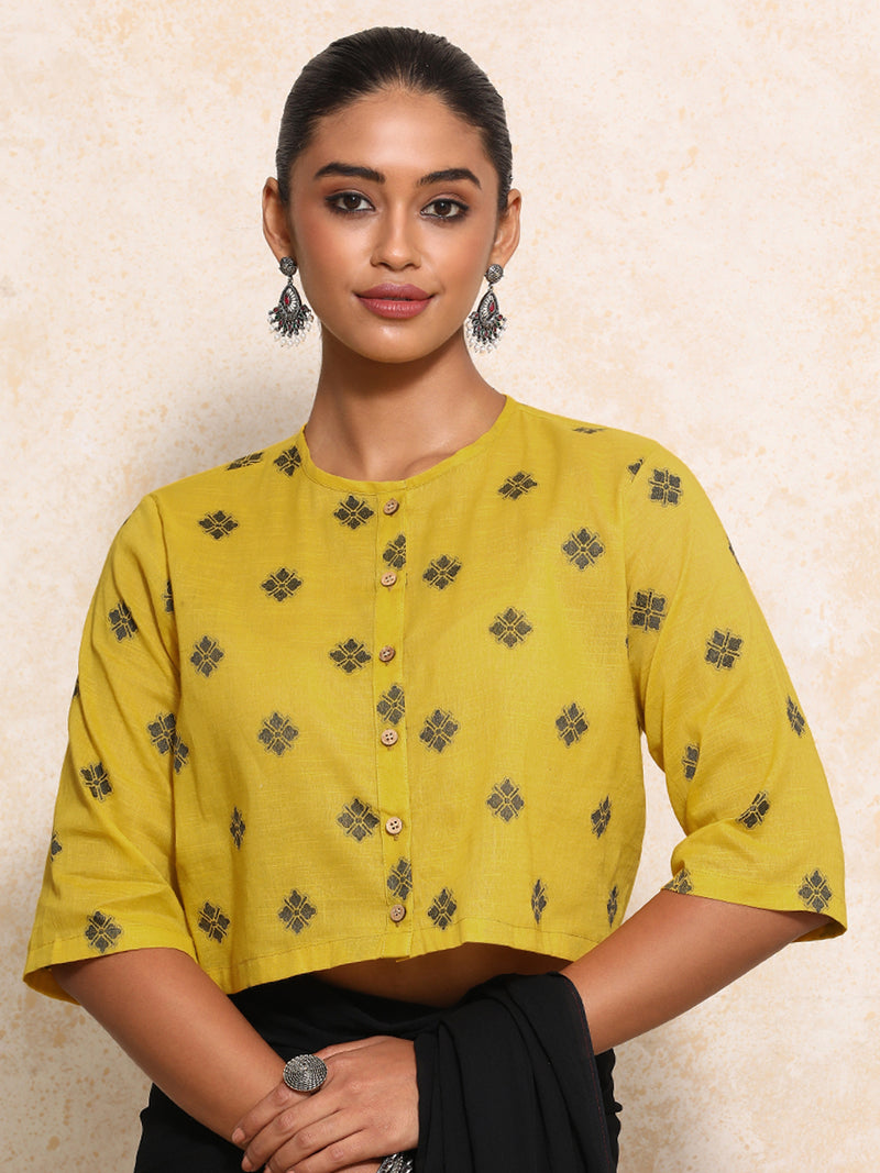Khushi x Rozaana | Elbow Sleeves Saree Blouse in Yellow Jacquard Cotton-Binks