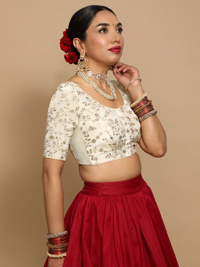 Kiara x Tyohaar | Elbow Sleeves Satin Viscose Saree Blouse in Gold Vine Embroidery on Cream Tissue Fabric-Binks