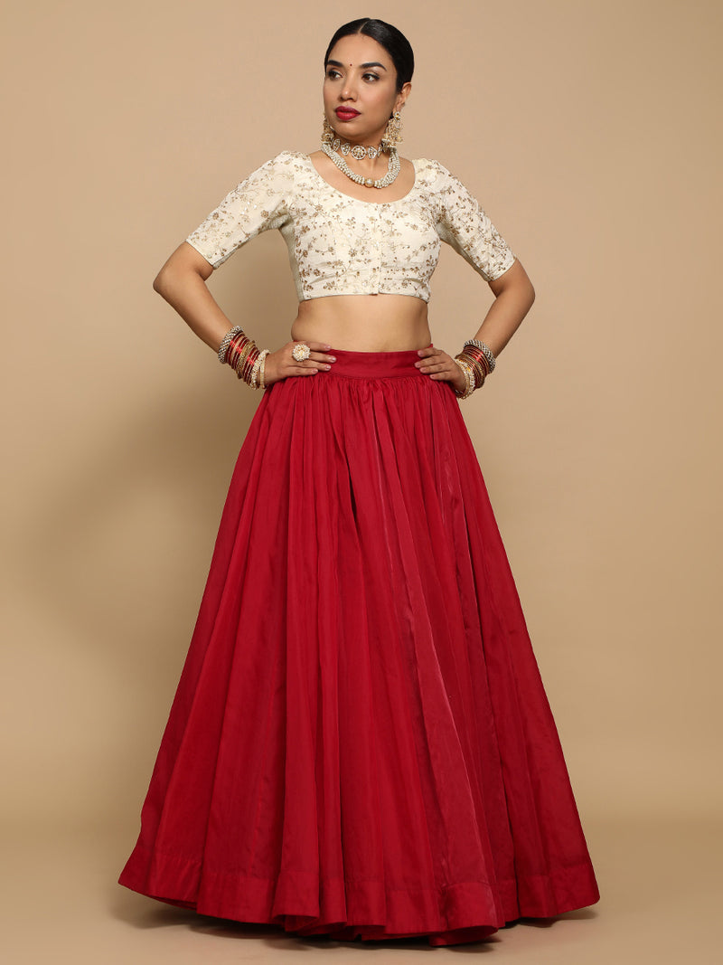 Kiara x Tyohaar | Elbow Sleeves Satin Viscose Saree Blouse in Gold Vine Embroidery on Cream Tissue Fabric-Binks