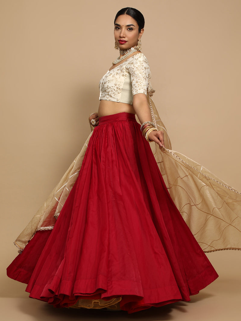 Kiara x Tyohaar | Elbow Sleeves Satin Viscose Saree Blouse in Gold Vine Embroidery on Cream Tissue Fabric-Binks