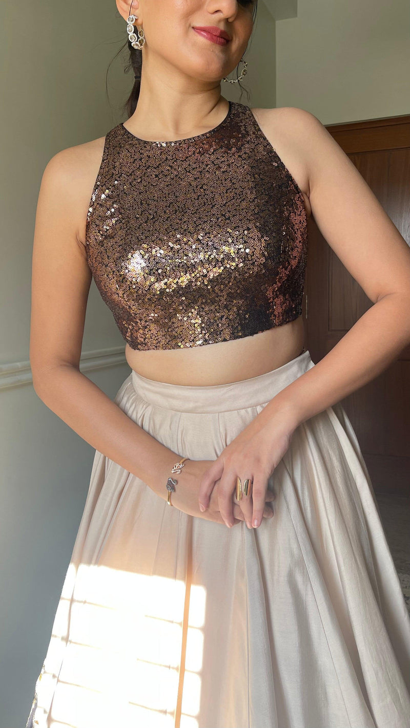 Kiki x Tyohaar | Sleeveless Gold Sequined Saree Blouse with Jewel Neck-Binks