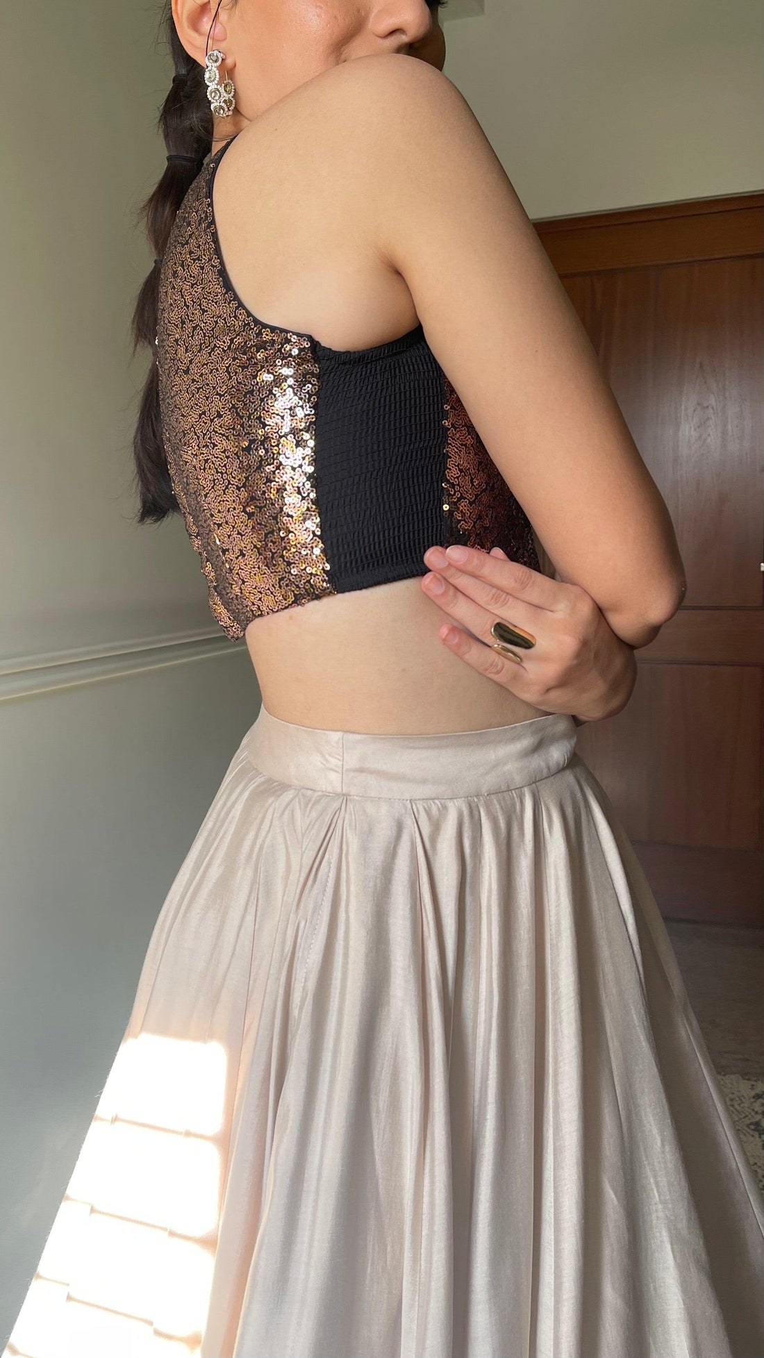 Kiki x Tyohaar Saree Blouse, in Gold Sequin, featuring sleeveless, made for party & festive (view 2).