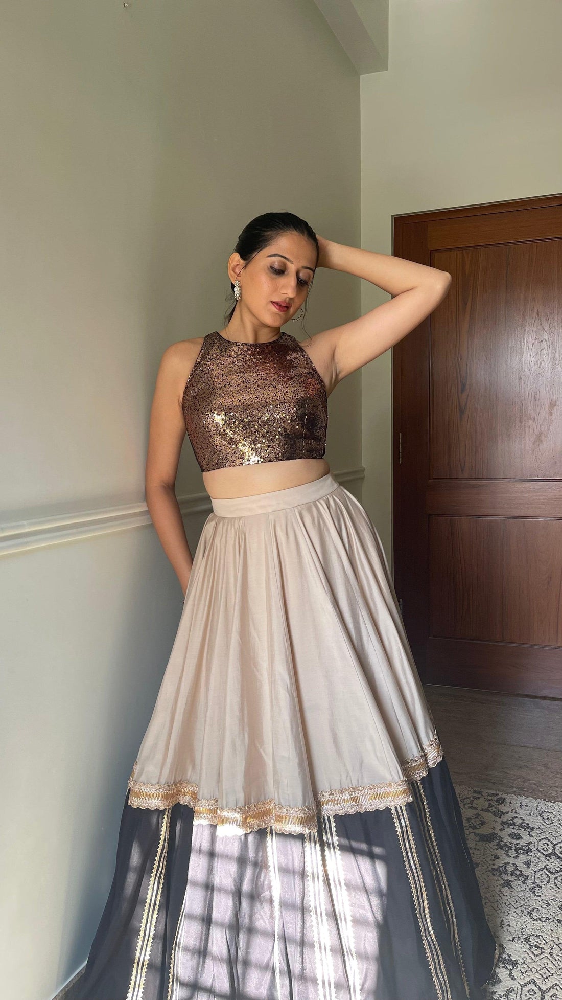 Kiki x Tyohaar Saree Blouse, in Gold Sequin, featuring sleeveless, made for party & festive (view 5).