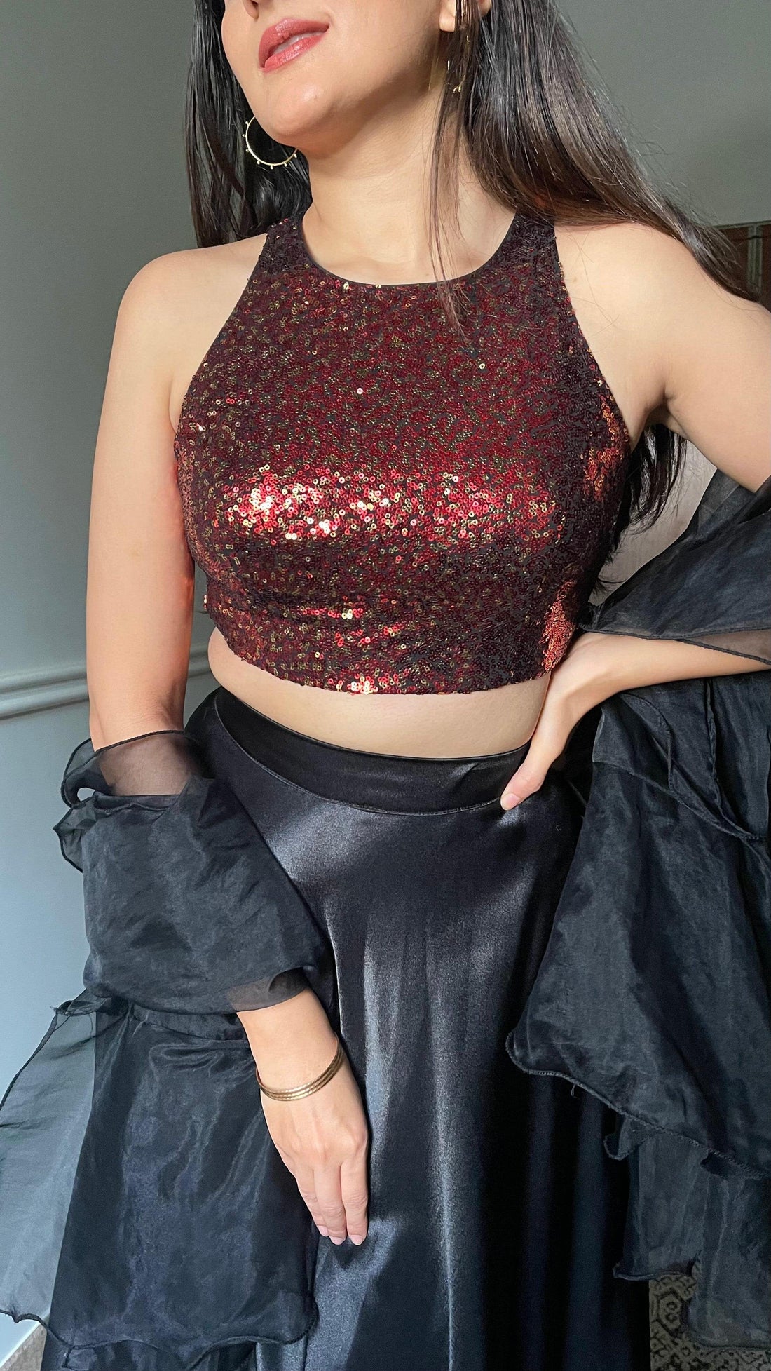 Kiki x Tyohaar Saree Blouse, in Red Sequin, featuring sleeveless, made for party & festive.