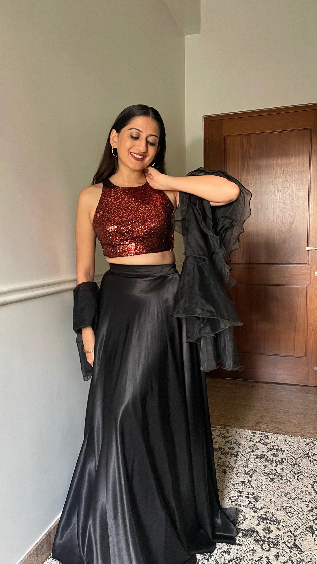 Kiki x Tyohaar Saree Blouse, in Red Sequin, featuring sleeveless, made for party & festive (view 3).