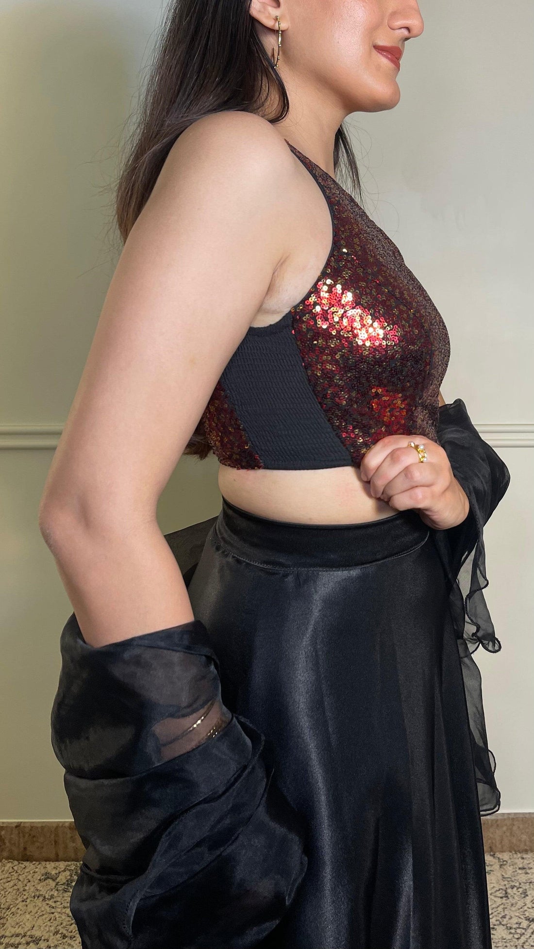 Kiki x Tyohaar Saree Blouse, in Red Sequin, featuring sleeveless, made for party & festive (view 7).
