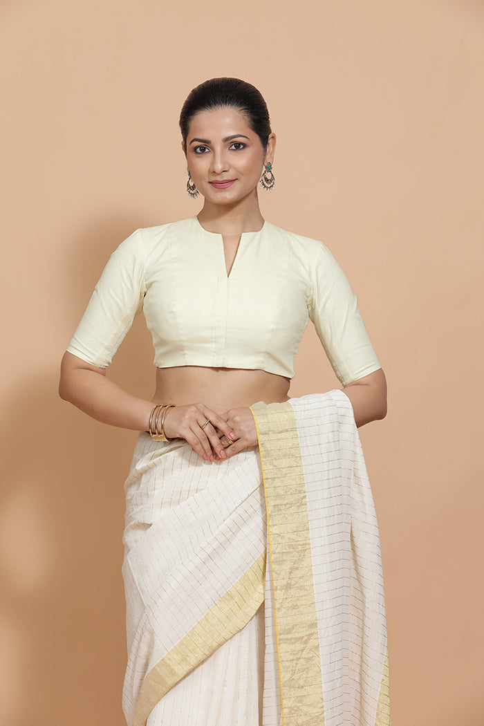 Kinal x Rozaana Saree Blouse, in White Linen, featuring elbow sleeves and round neckline, made for daily & work.