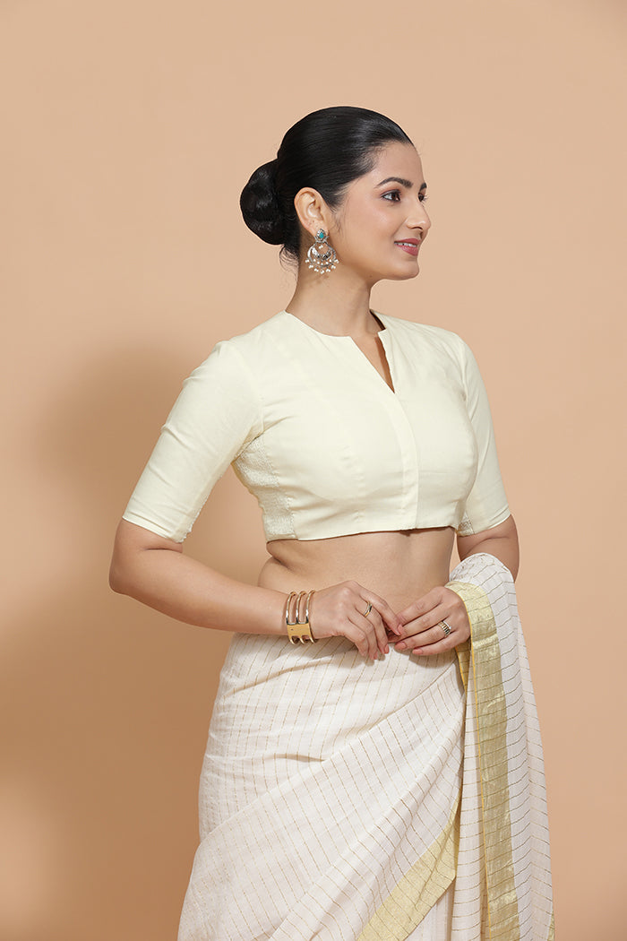 Kinal x Rozaana | Elbow Sleeves Saree Blouse in Chalk White Linen-Binks