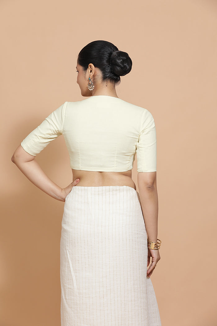 Kinal x Rozaana Saree Blouse, in White Linen, featuring elbow sleeves and round neckline, made for daily & work (view 2).
