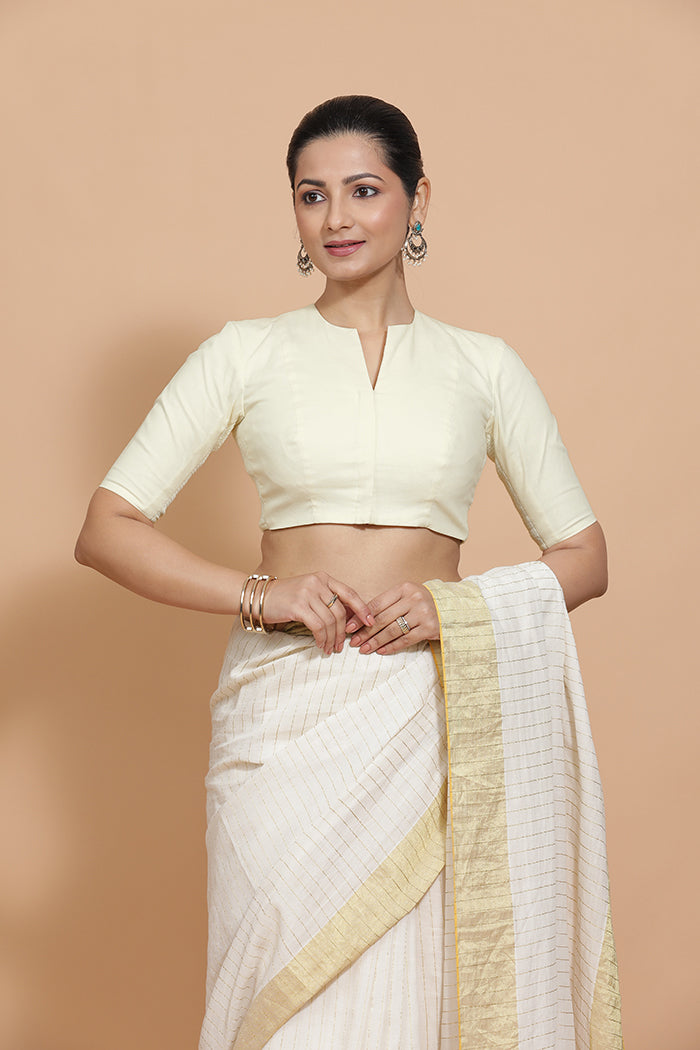Kinal x Rozaana Saree Blouse, in White Linen, featuring elbow sleeves and round neckline, made for daily & work (view 8).