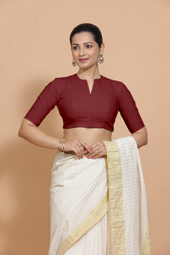 Kinal x Rozaana | Elbow Sleeves Saree Blouse in Cranberry Red Linen-Binks