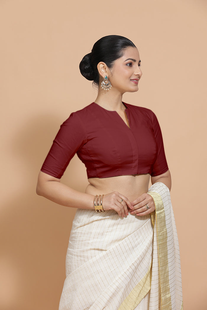 Kinal x Rozaana | Elbow Sleeves Saree Blouse in Cranberry Red Linen-Binks