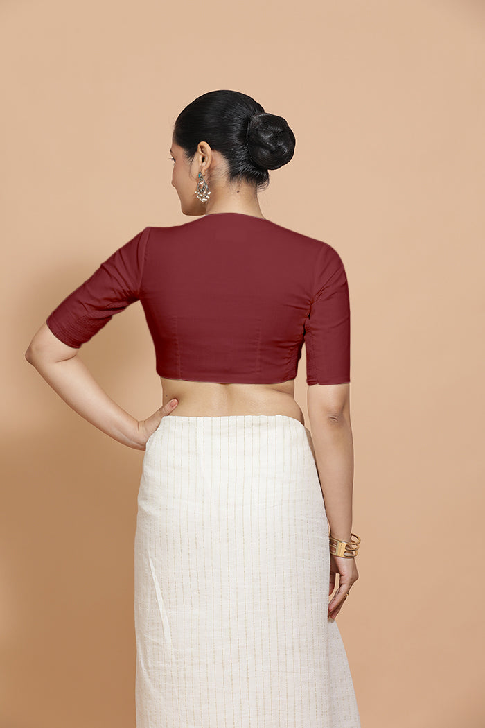 Kinal x Rozaana | Elbow Sleeves Saree Blouse in Cranberry Red Linen-Binks