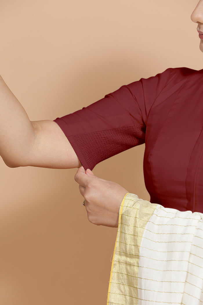 Kinal x Rozaana | Elbow Sleeves Saree Blouse in Cranberry Red Linen-Binks