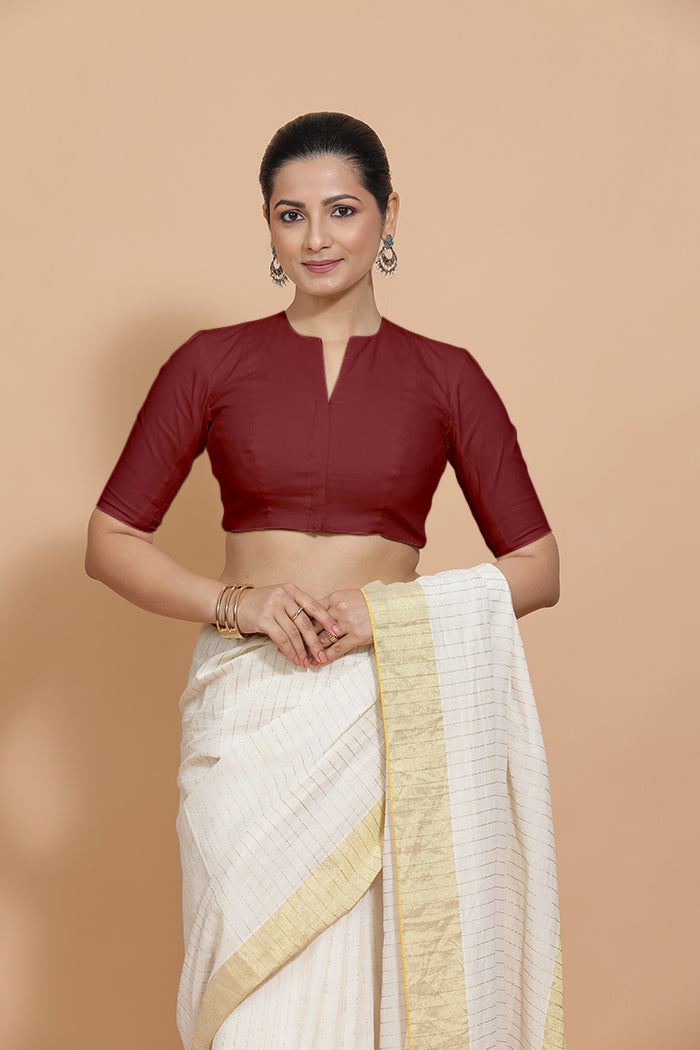 Kinal x Rozaana | Elbow Sleeves Saree Blouse in Cranberry Red Linen-Binks