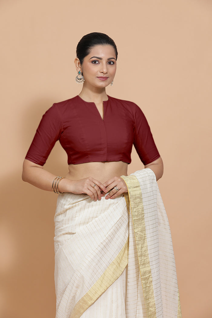 Kinal x Rozaana | Elbow Sleeves Saree Blouse in Cranberry Red Linen-Binks