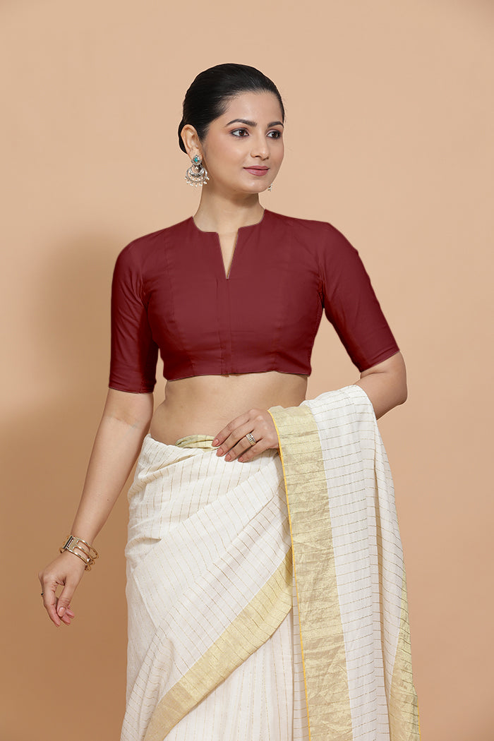 Kinal x Rozaana | Elbow Sleeves Saree Blouse in Cranberry Red Linen-Binks