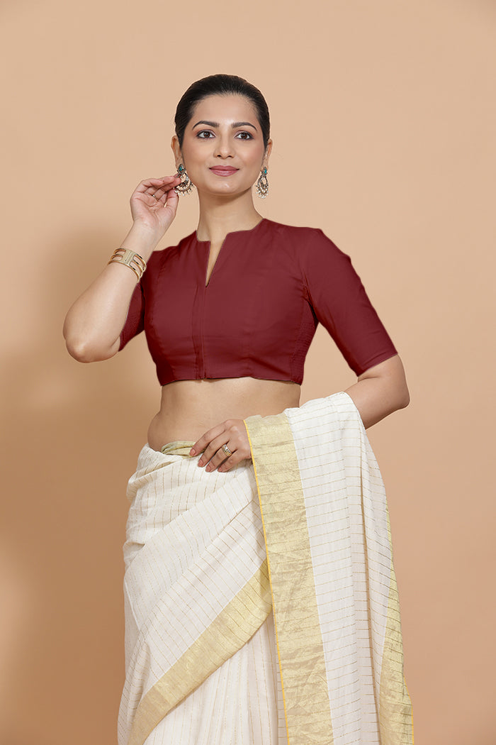 Kinal x Rozaana | Elbow Sleeves Saree Blouse in Cranberry Red Linen-Binks