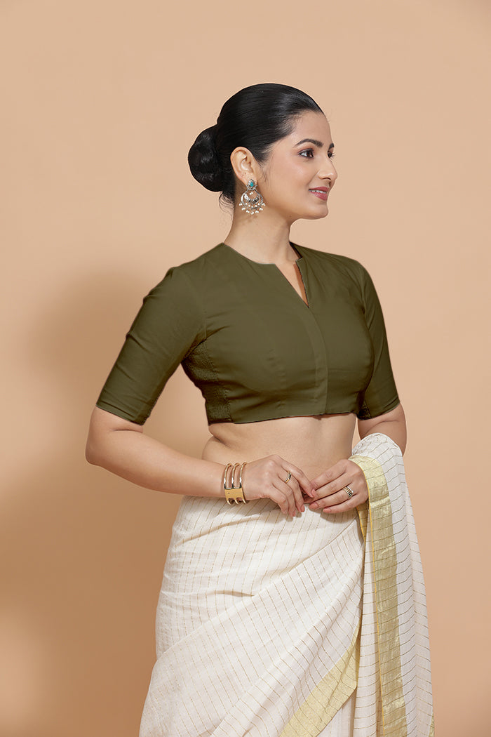 Kinal x Rozaana | Elbow Sleeves Saree Blouse in Deep Olive Green Linen-Binks