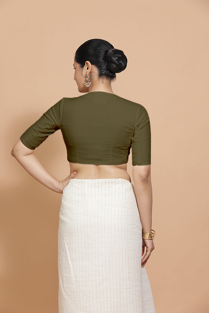 Kinal x Rozaana Saree Blouse, in Green Linen, featuring elbow sleeves and round neckline, made for daily & work (view 2).